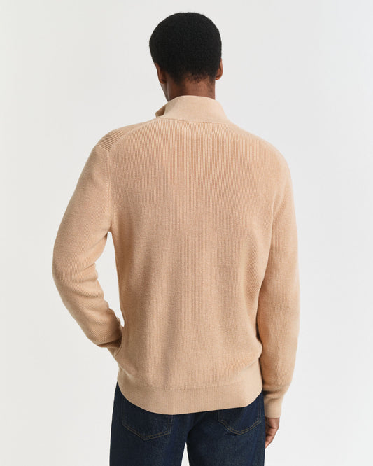 Pull demi-zippé en coton et laine mérinos côtelés