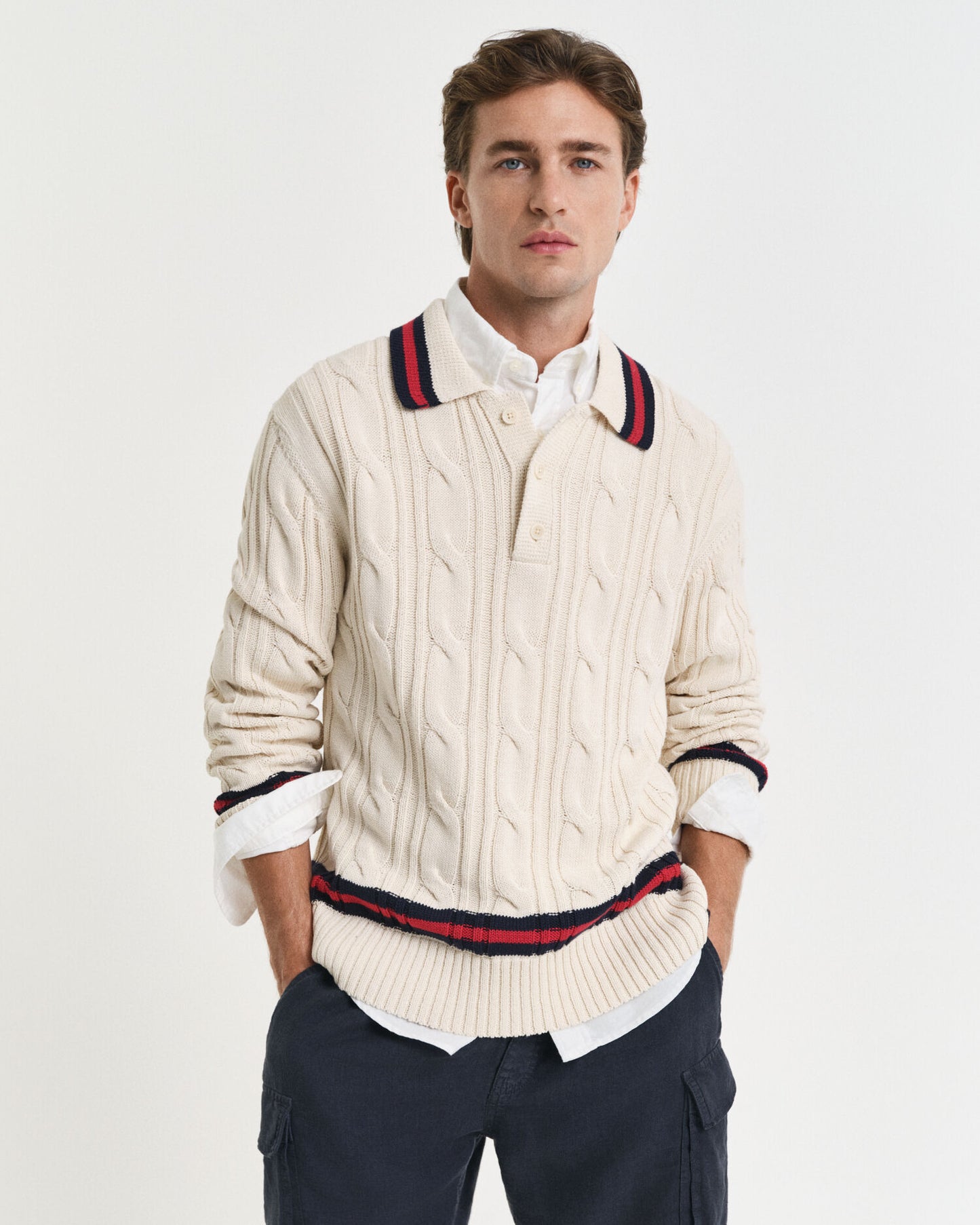 Pull polo en maille torsadée
