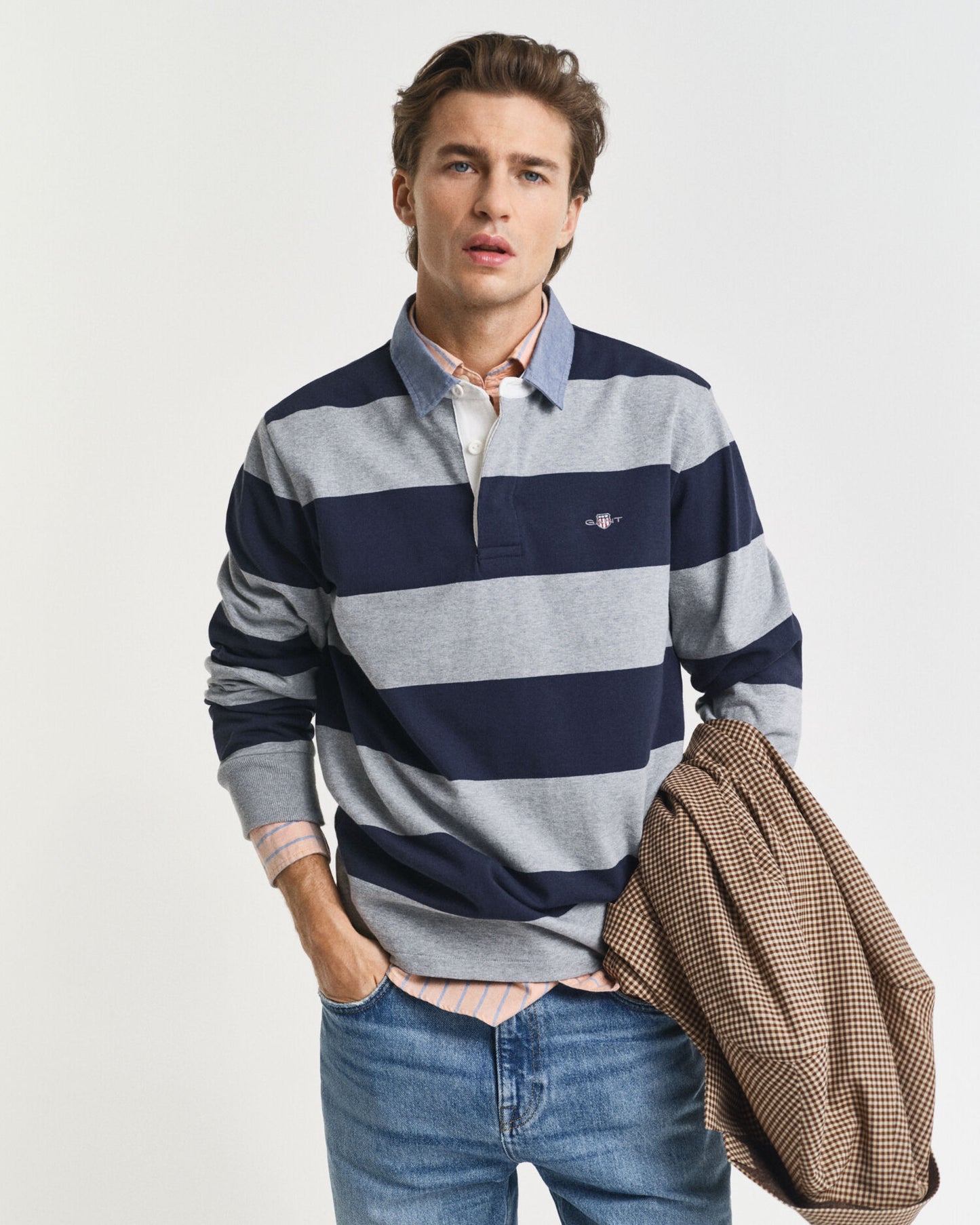 Polo à rayures lourd avec col en chambray