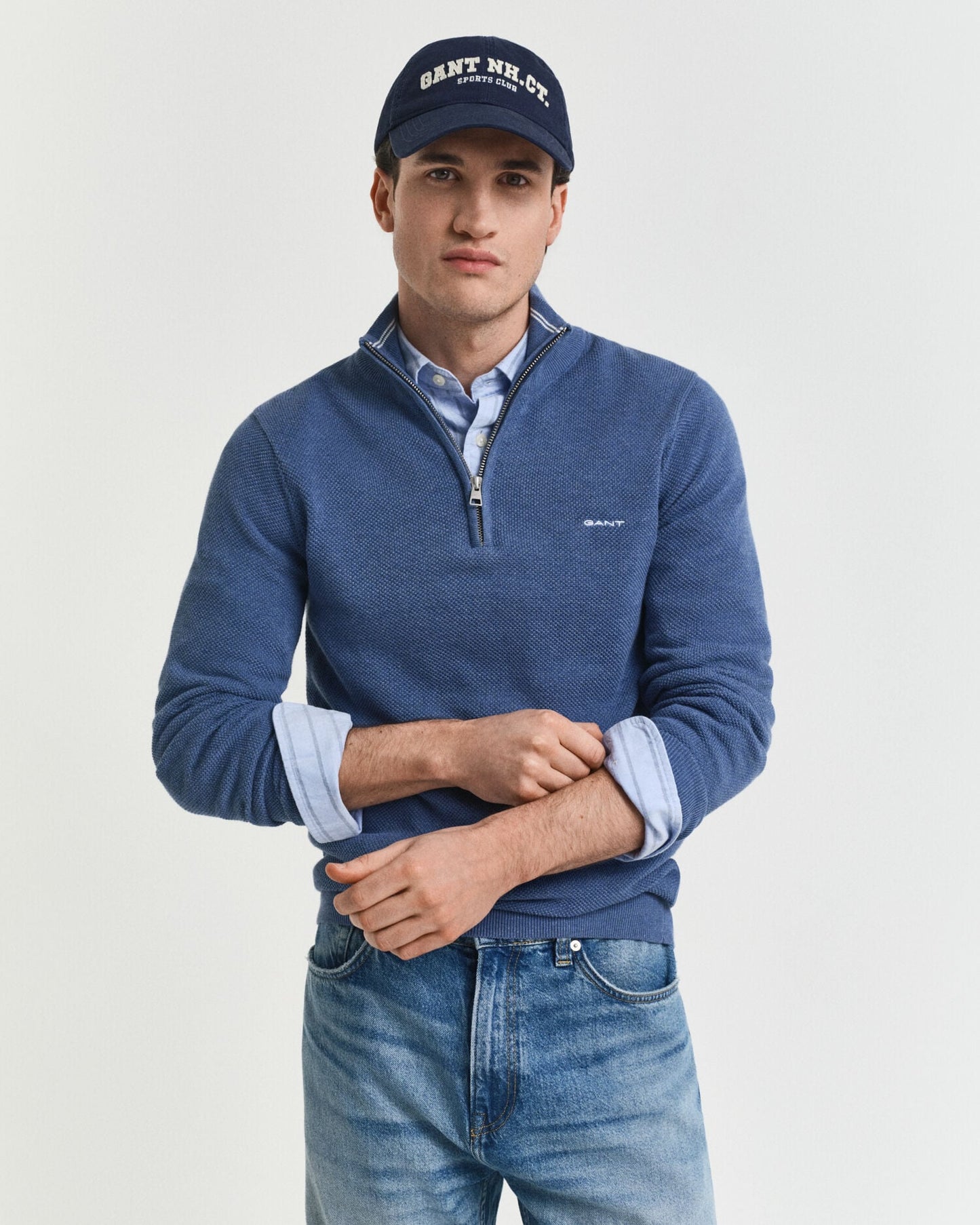 Pull en coton piqué demi-zippé