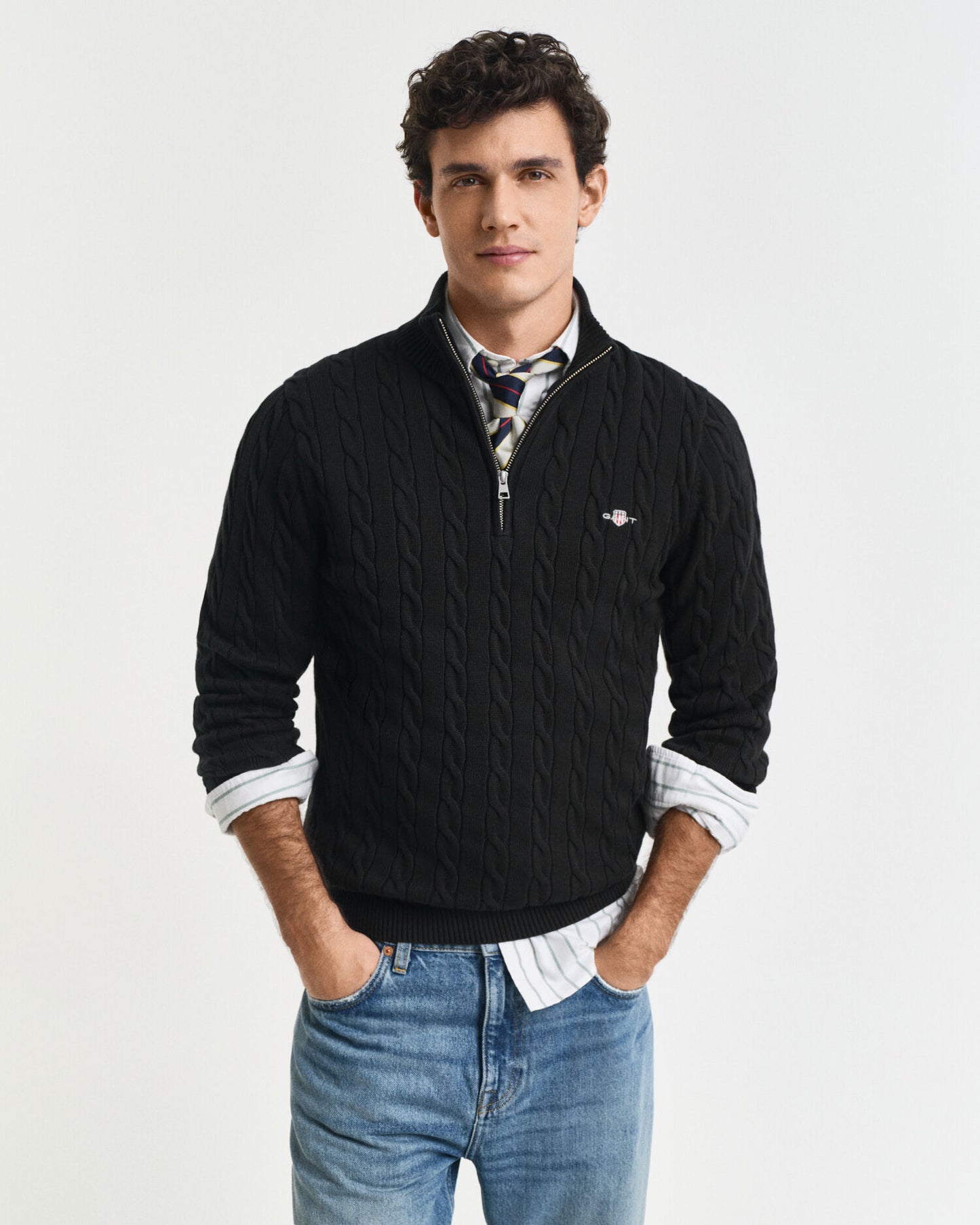 Baumwoll-Half-Zip-Pullover mit Zopfmuster