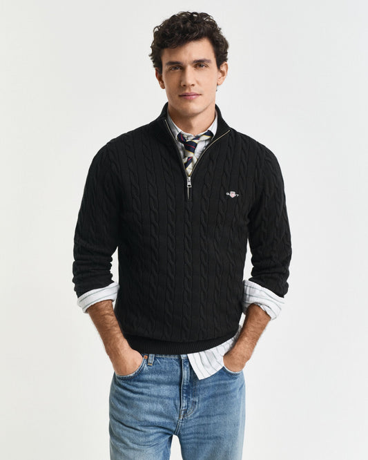 Pull demi-zip en coton tricoté torsadé