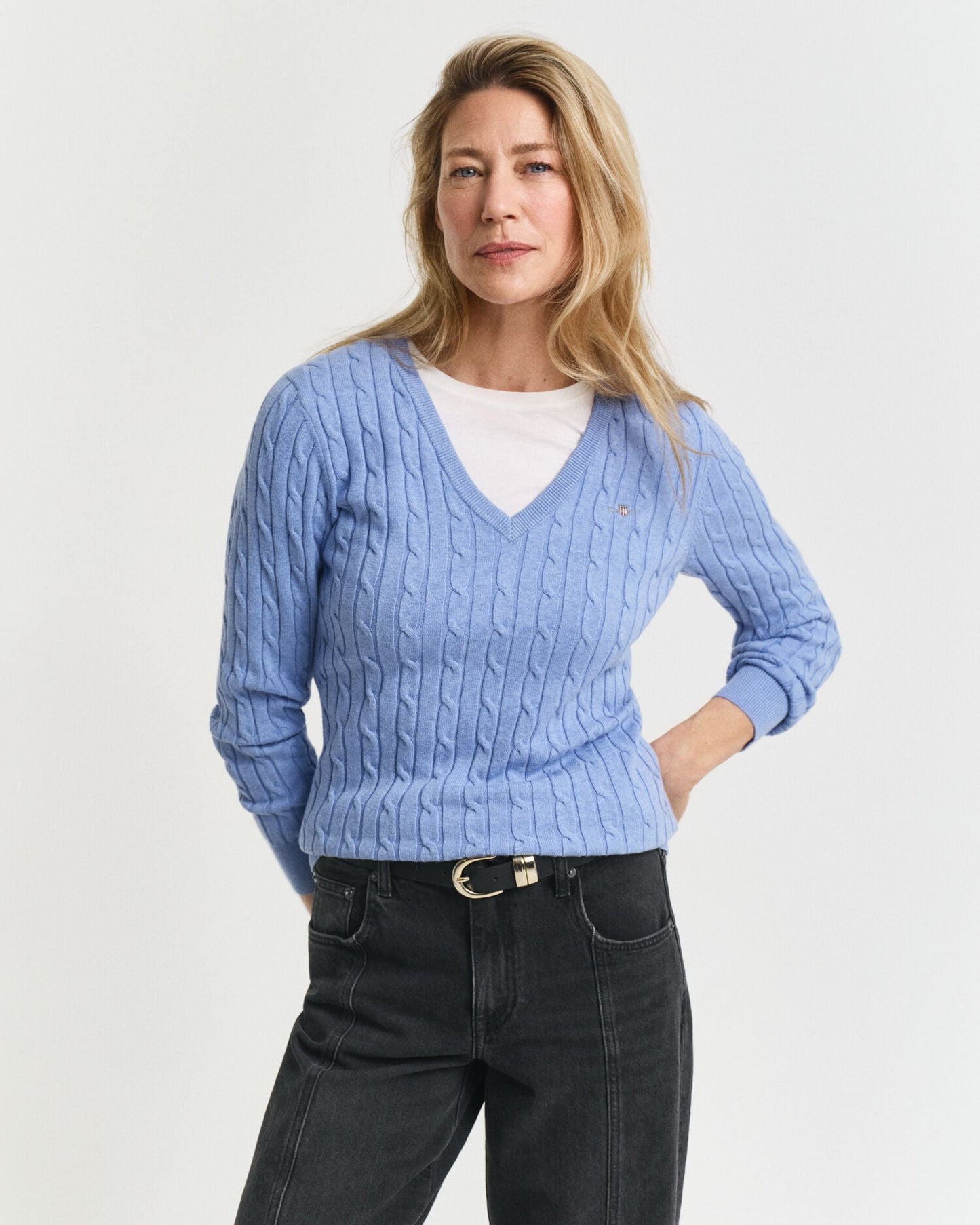 Pull Col V en Coton Extensible Tricoté Câblé