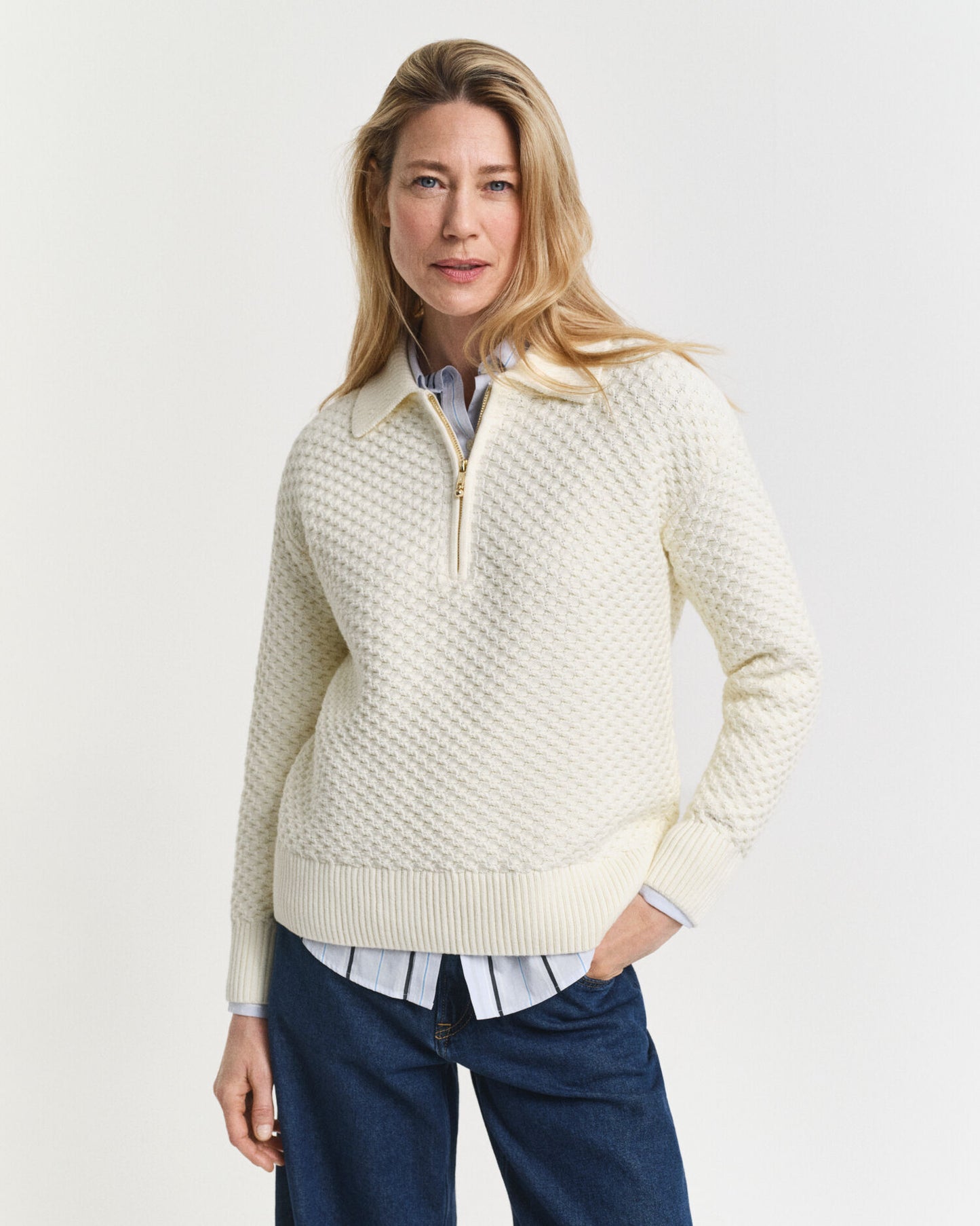 Chandail en coton texturé à demi-glissière