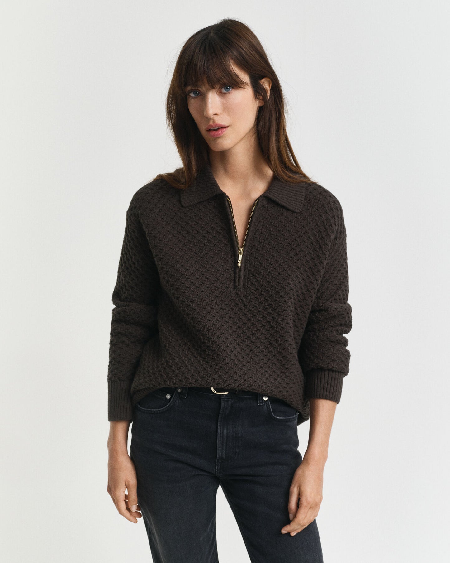 Chandail en coton texturé à demi-glissière