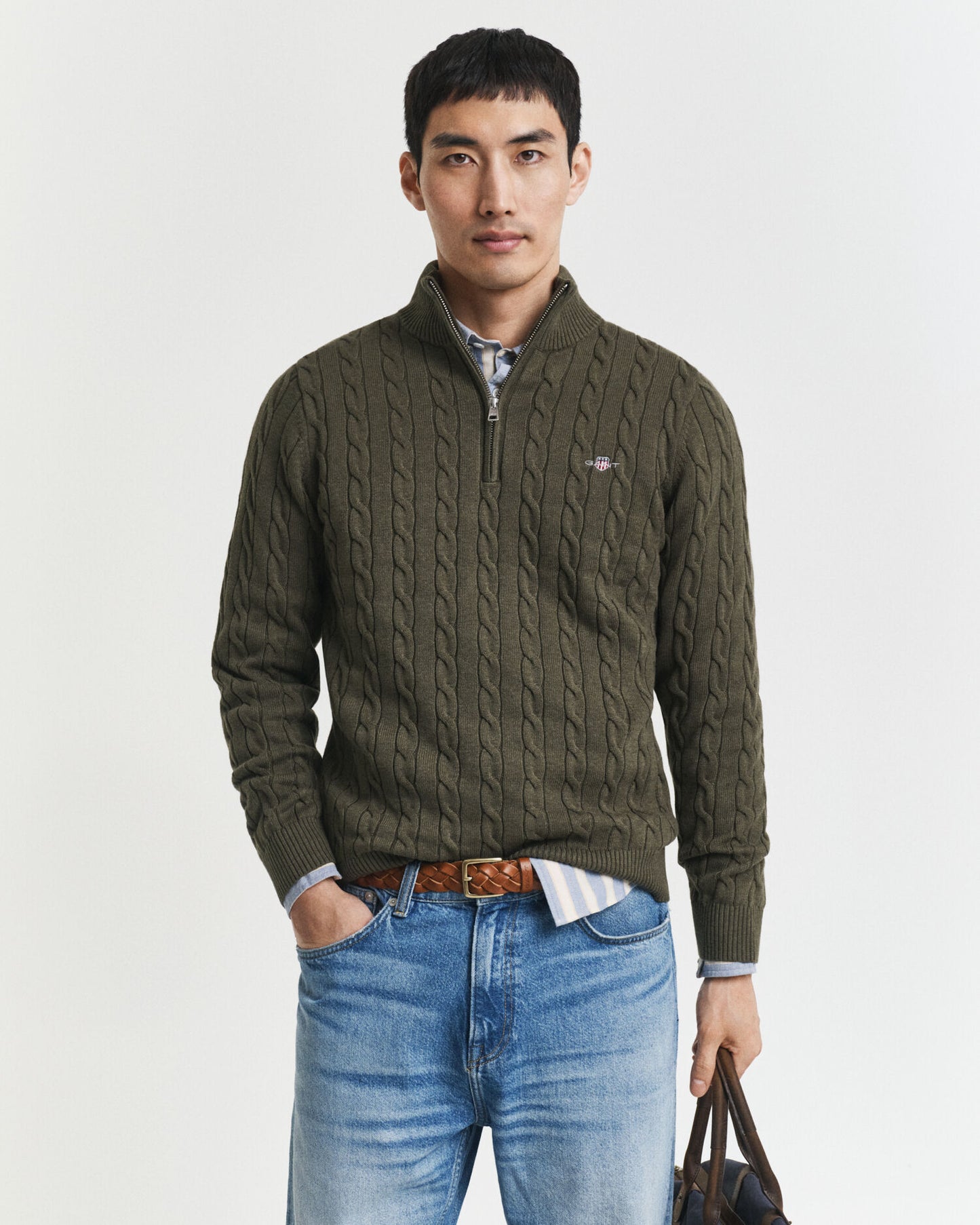 Baumwoll-Half-Zip-Pullover mit Zopfmuster