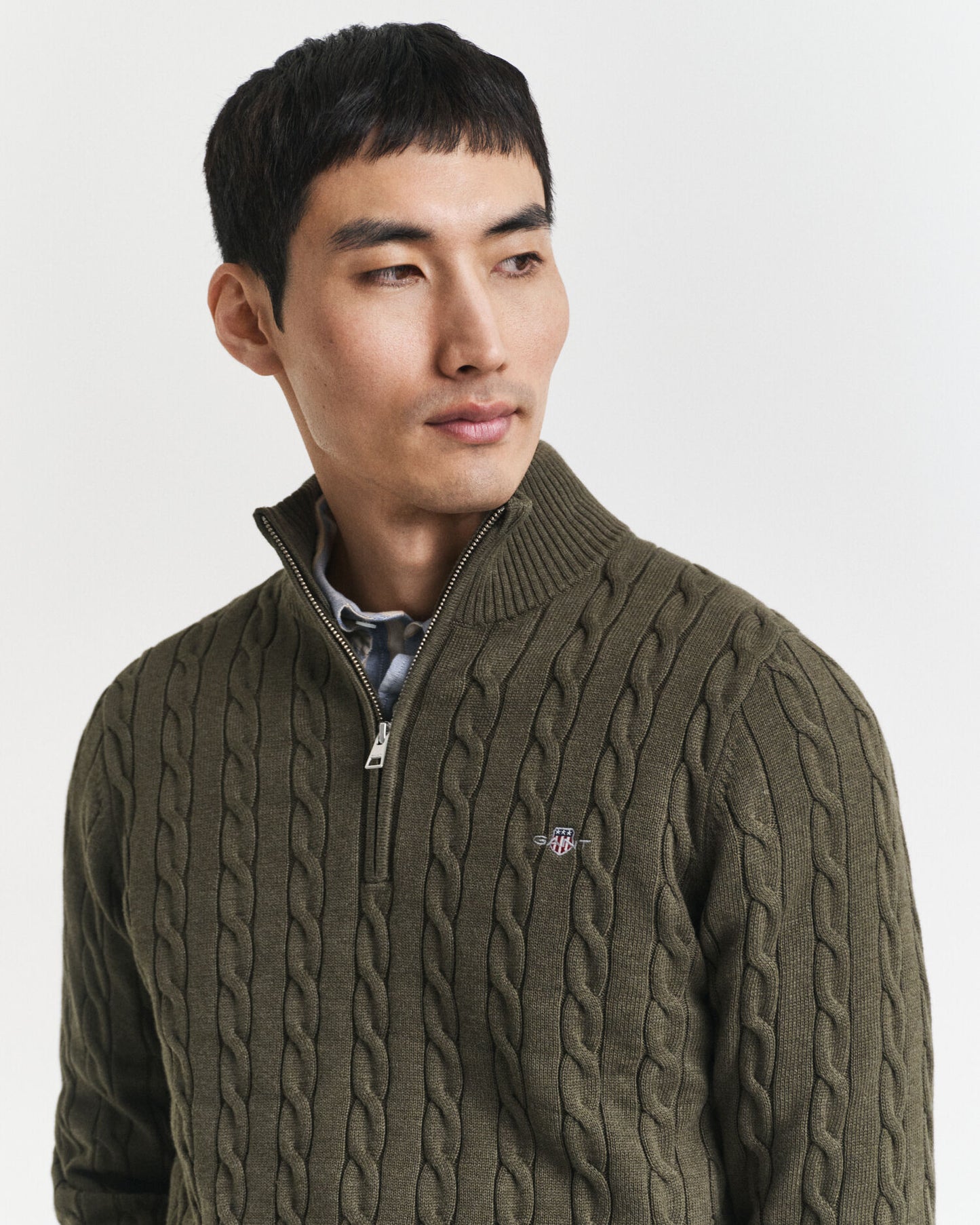 Baumwoll-Half-Zip-Pullover mit Zopfmuster