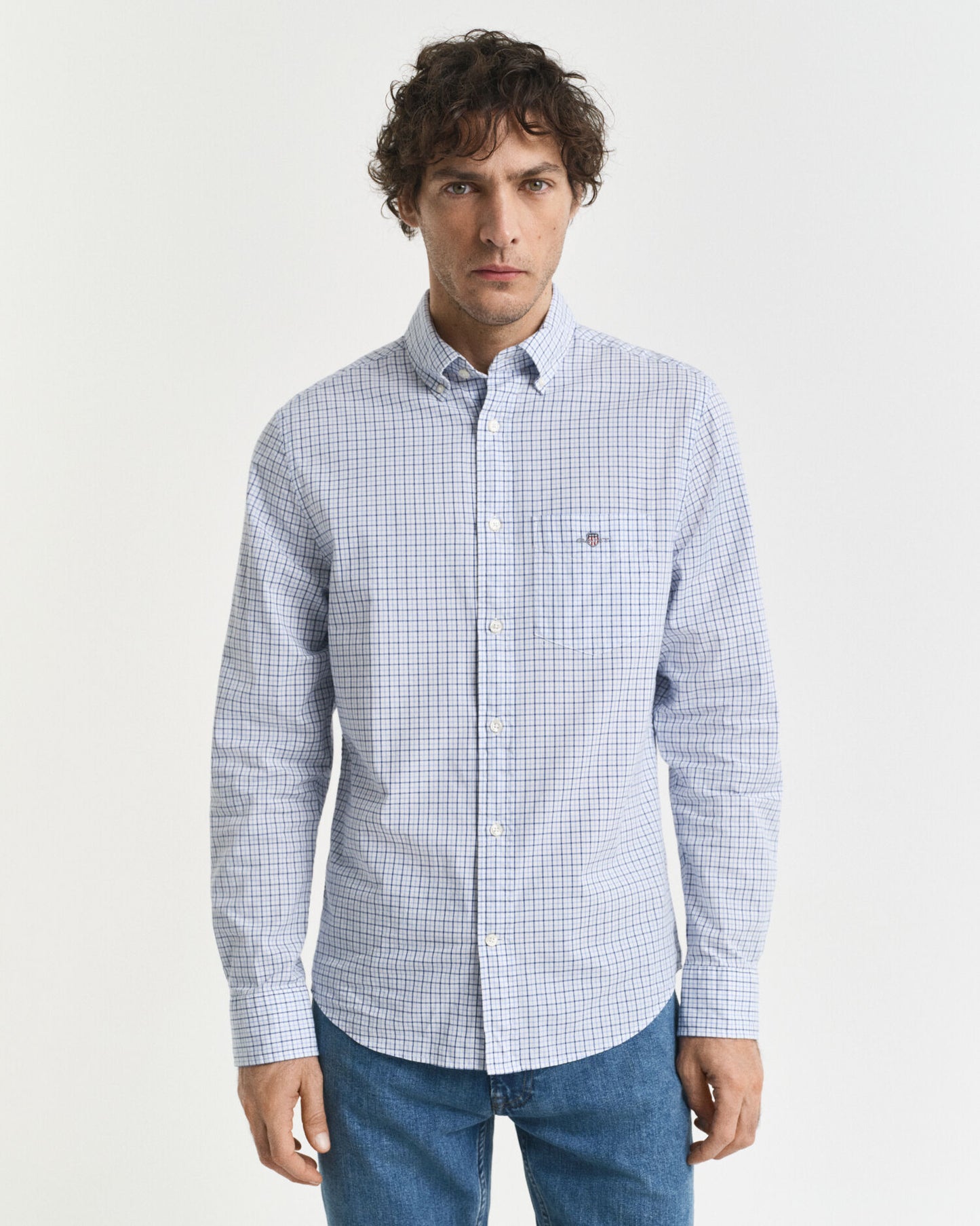 Chemise classique popeline à carreaux micro, coupe droite