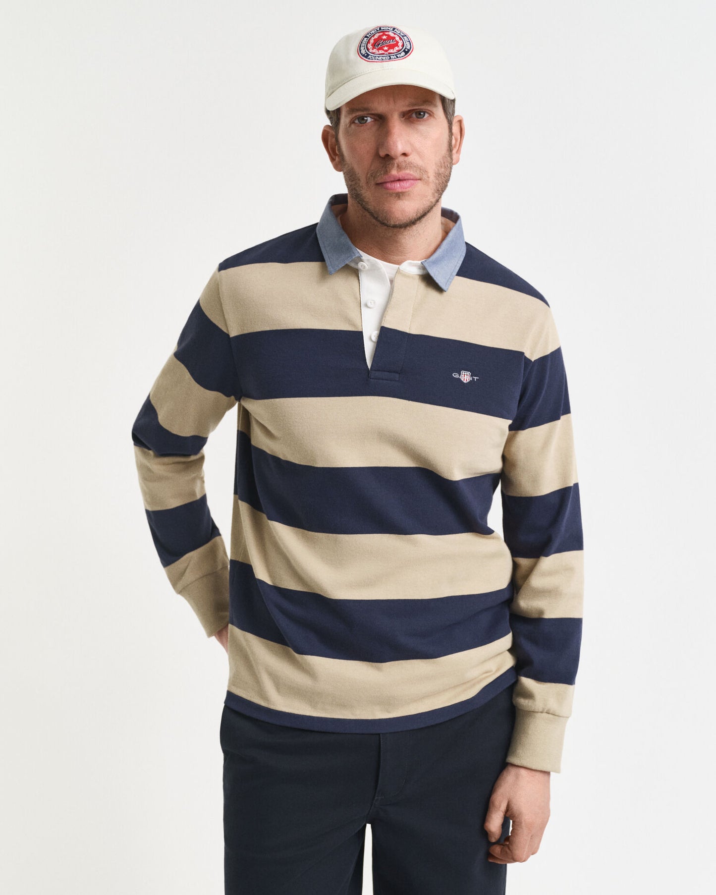 Polo rayé épais à col chambray