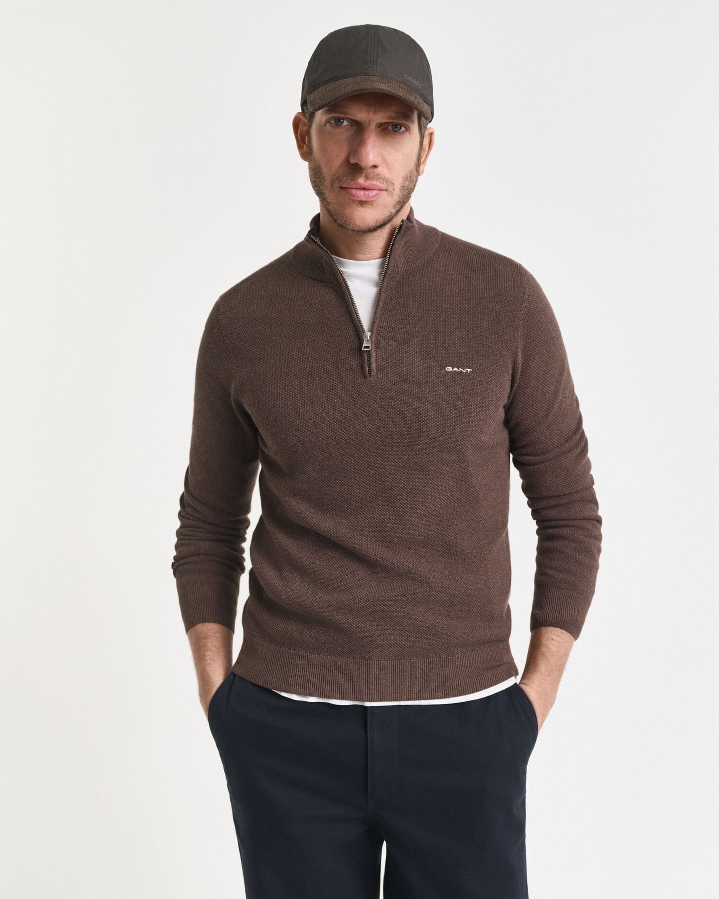Pull en coton piqué demi-zippé