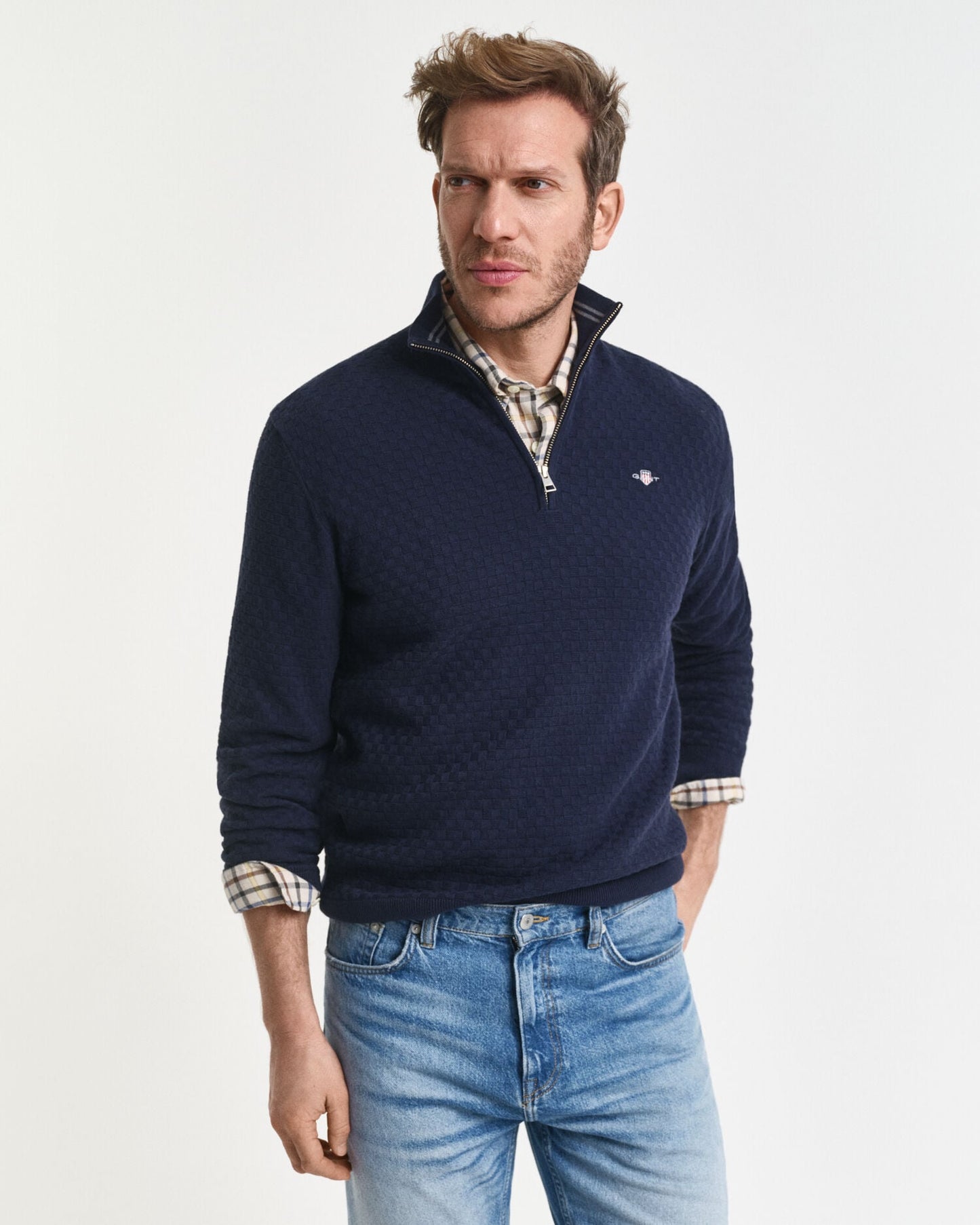 Sweater mit Mikrotextur und halbem Reißverschluss