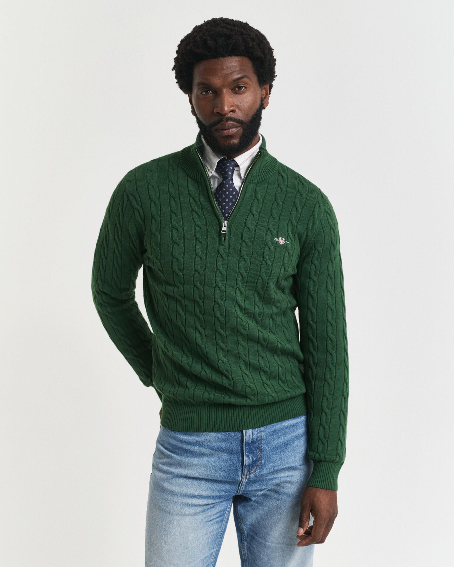 Baumwoll-Half-Zip-Pullover mit Zopfmuster