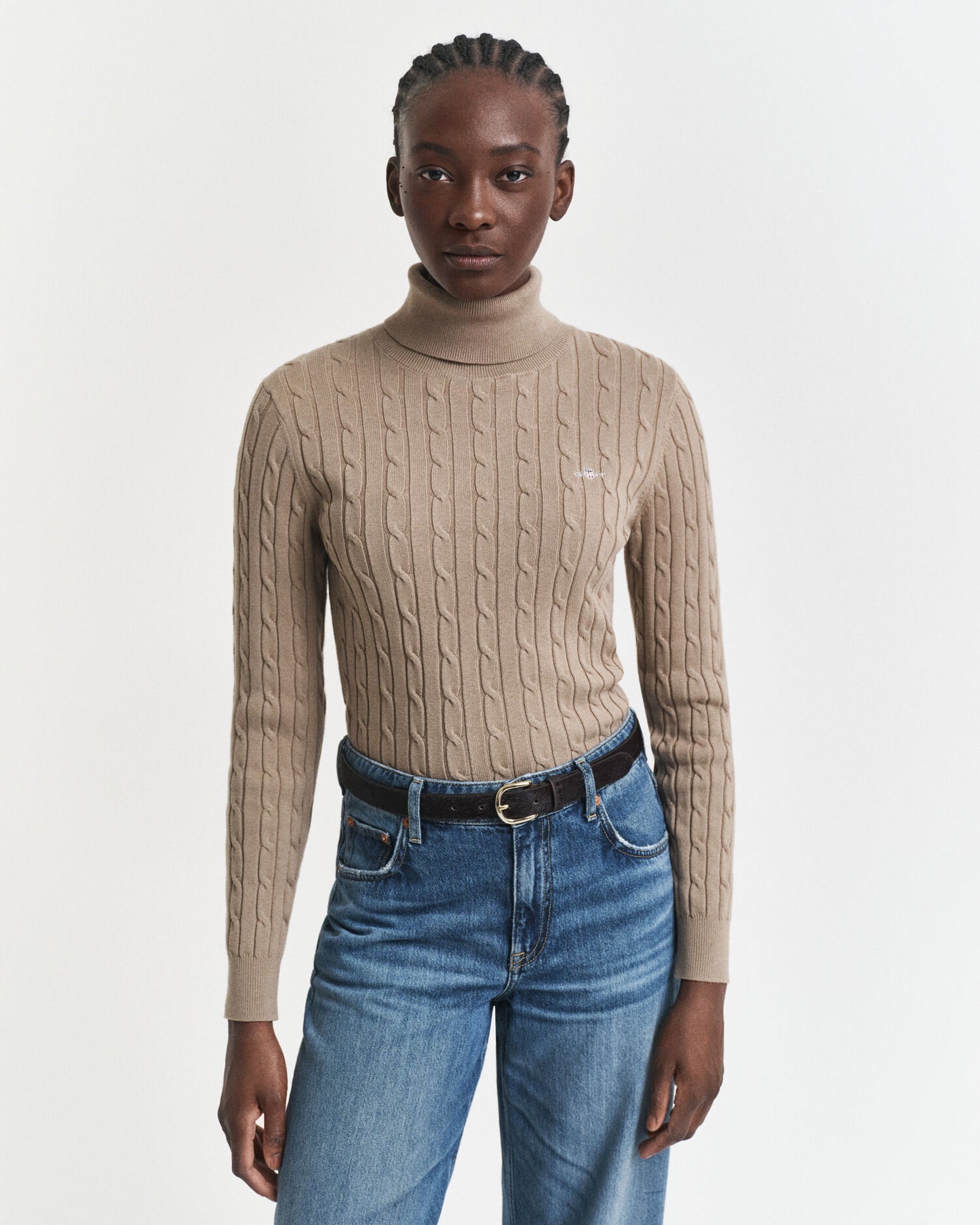 Rollkragenpullover aus Stretch-Baumwolle mit Zopfmuster