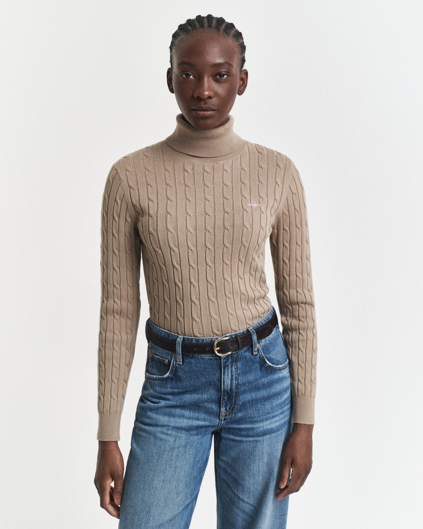 Rollkragenpullover aus Stretch-Baumwolle mit Zopfmuster