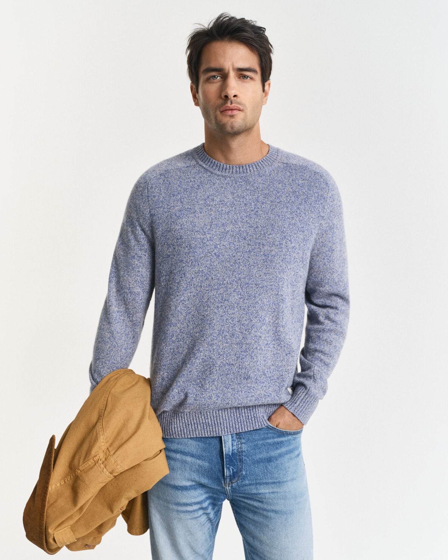 Wollmischgewebe Mouline-Pullover mit Rundhalsausschnitt