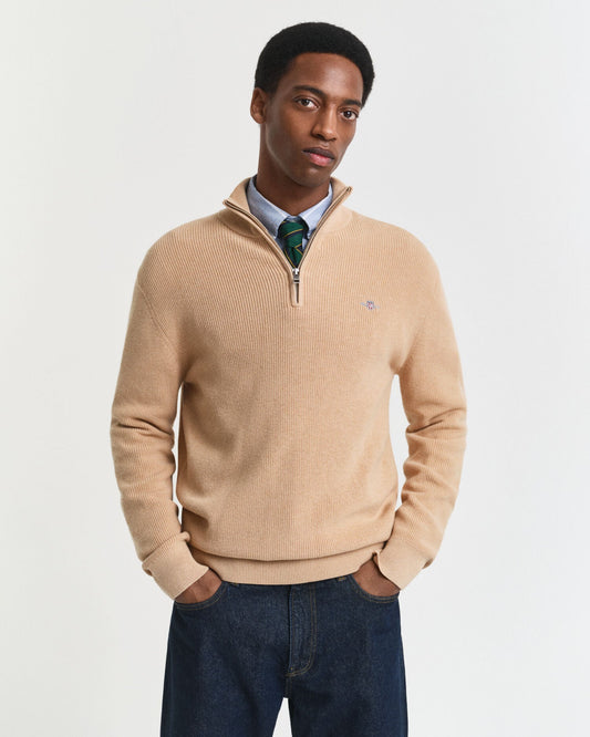 Pull demi-zippé en coton et laine mérinos côtelés