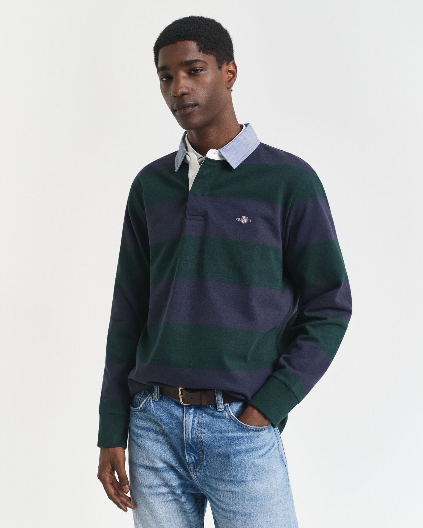 Polo rayé épais à col chambray