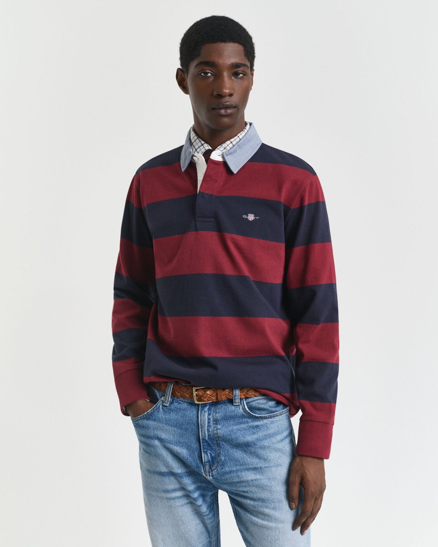 Polo rayé épais à col chambray