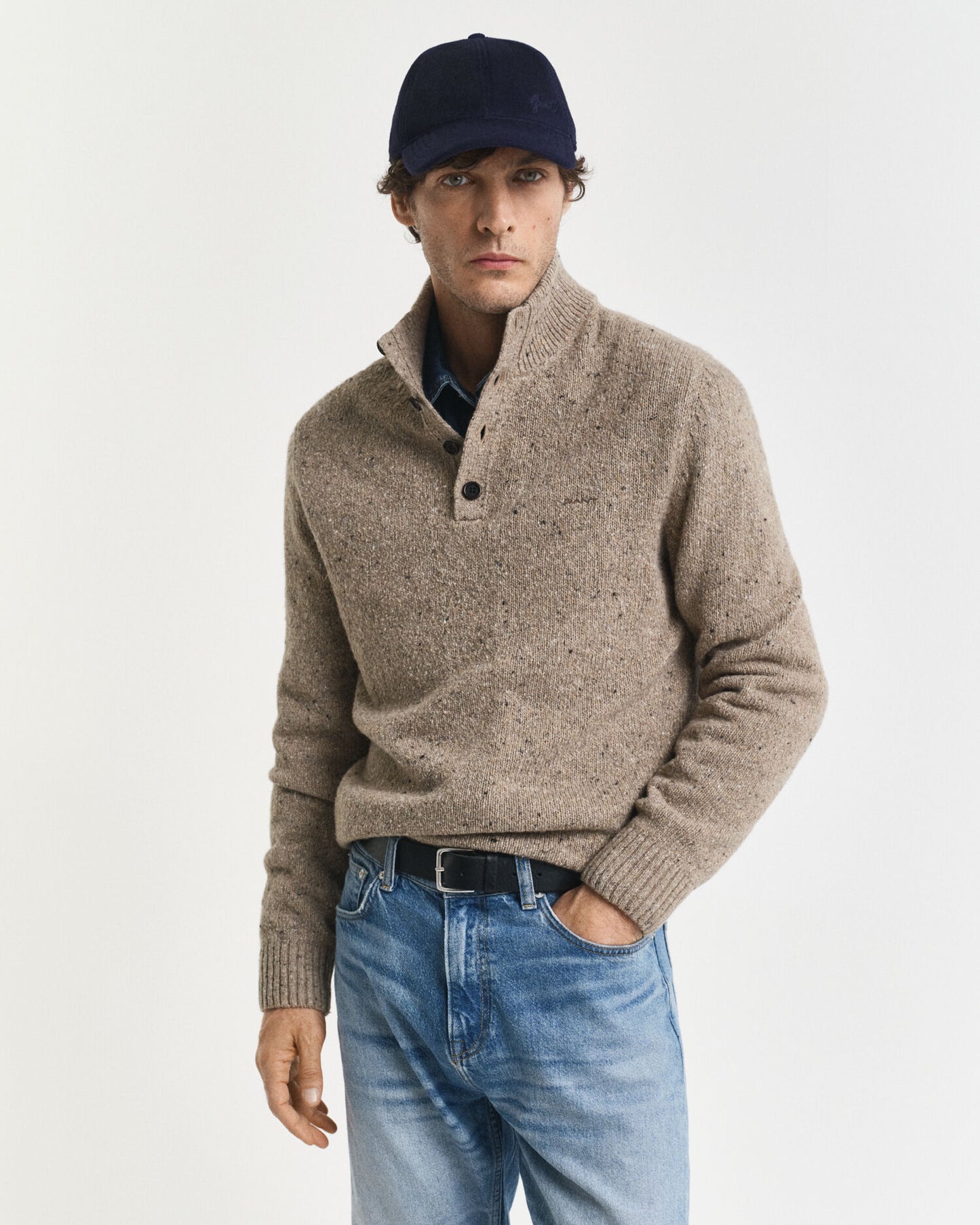 Chandail en tricot piqué de laine mélangée, semi-boutonné
