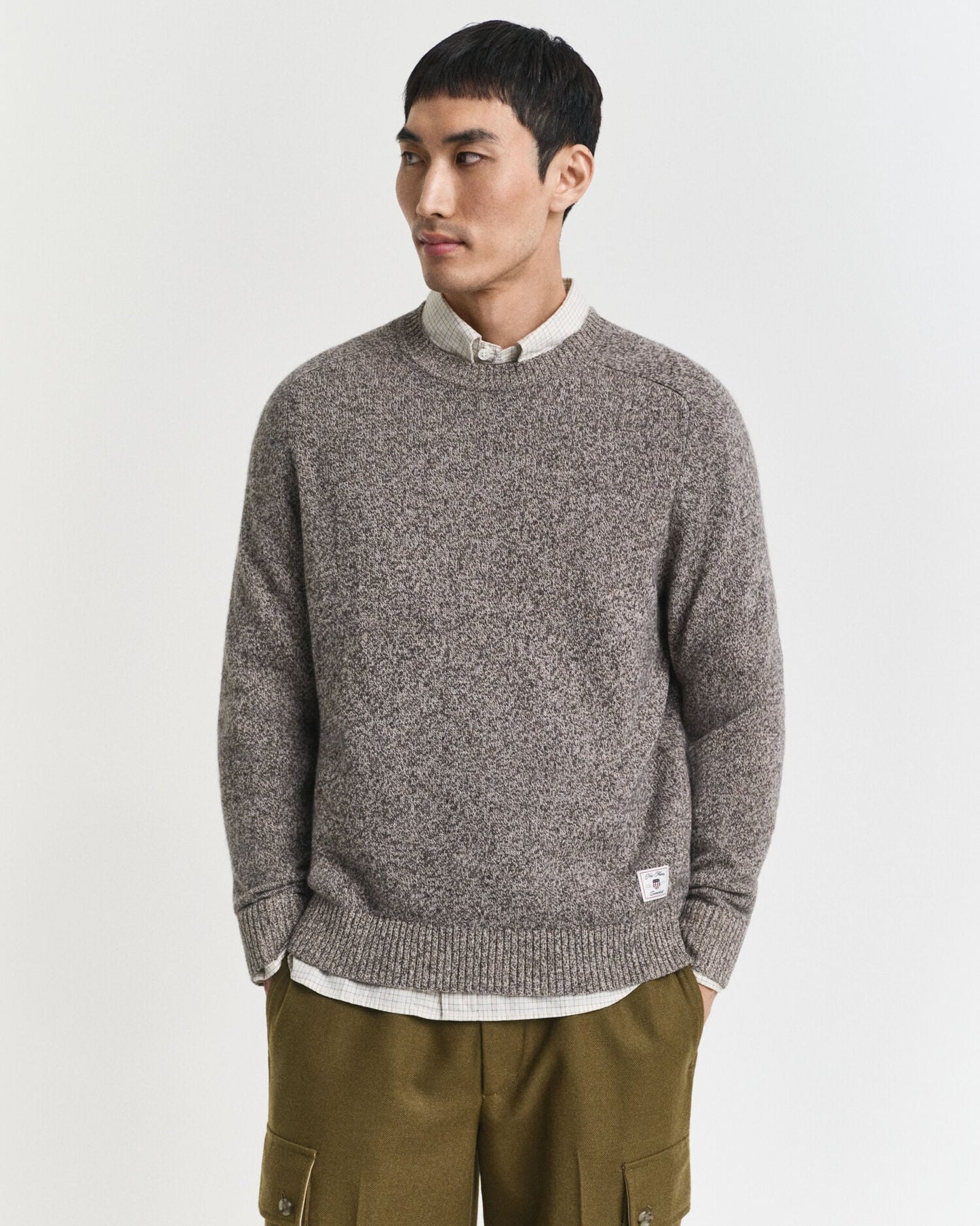 Wollmischgewebe Mouline-Pullover mit Rundhalsausschnitt