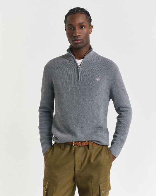 Pull en coton et laine mérinos côtelé à demi-glissière
