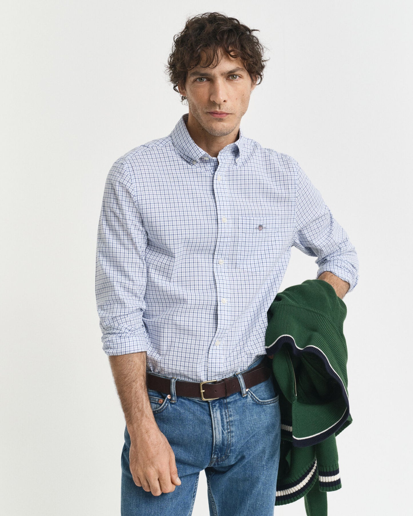 Chemise classique popeline à carreaux micro, coupe droite